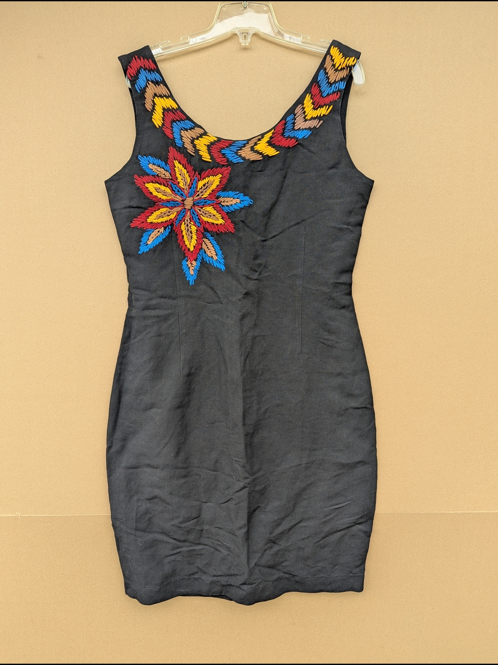 VTG BYBLOS Embroidered Shift Mini Dress Made In Italy Black Cocktail Retro 40EU